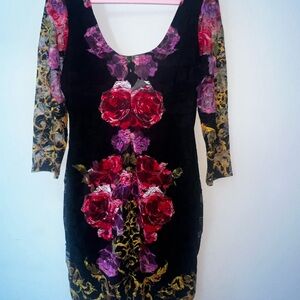 VENUS Black Dress with Red and Purple Floral Design